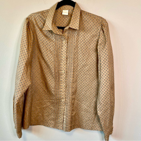 Vintage Jantzen Pleated Button Down Blouse Dress Shirt Size 16 Tan Brown Dots - Picture 2 of 9
